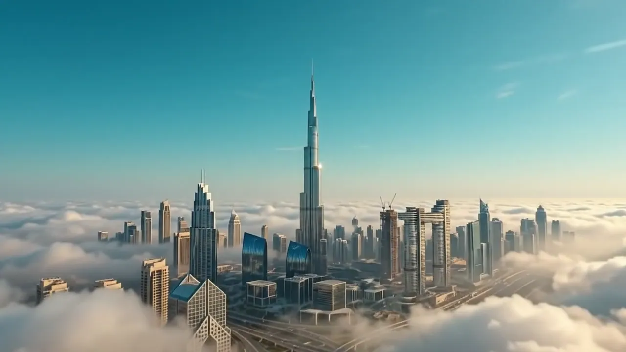 Burj Khalifa above daylight clouds